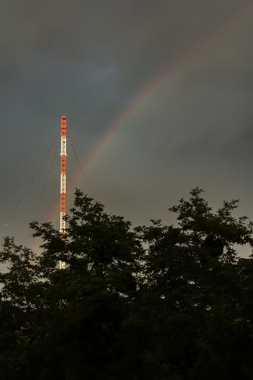 a telecommunication tower behind some lush trees