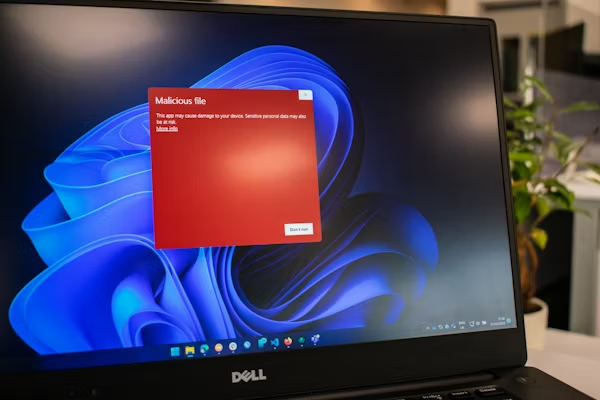 laptop showing a malicious file warning